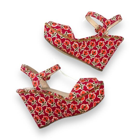 Prada Vintage Le Voyageur Collection 2012 Floral Wedge Platform Sandals Red 40.5 - Picture 8 of 16